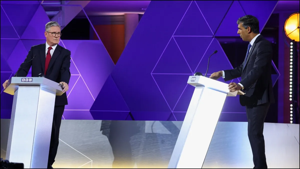 Labour leader Keir Starmer with British PM and Conservative Party leader Rishi Sunak at the final TV debate ahead of the July 4 elections.