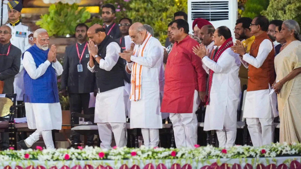 New Delhi: PM Modi greets BJP MPs Rajnath Singh, Amit Shah, Nitin Gadkari, and others at the swearing-in ceremony of the new Union government at Rashtrapati Bhavan in New Delhi.
