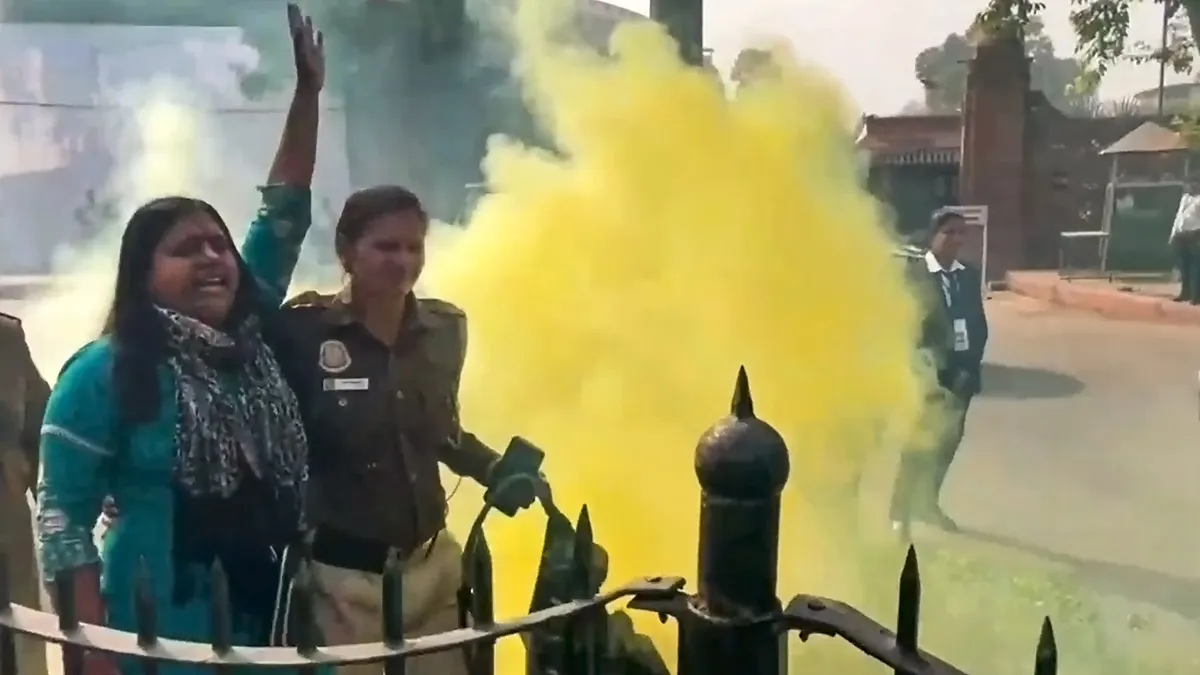 Police personnel detain woman protesting outside Parliament building carrying can emitting yellowish smoke during Winter session in New Delhi. 