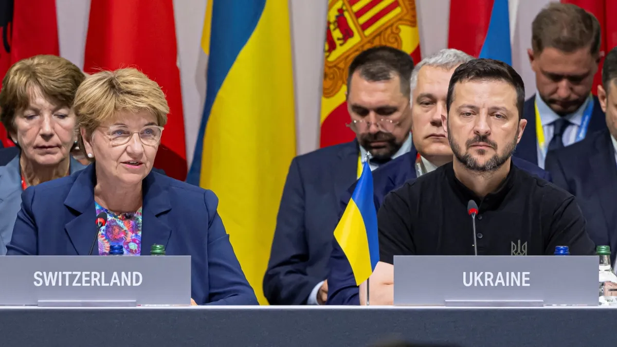 Swiss Federal President Viola Amherd and Ukrainian President Volodymyr Zelenskyy at the peace summit in Switzerland