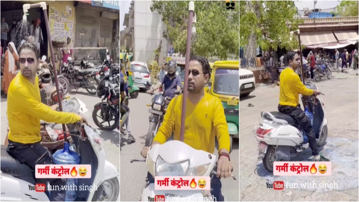 What a jugaad! Rajasthan man installs makeshift shower on scooty amid heatwave | Watch viral video here