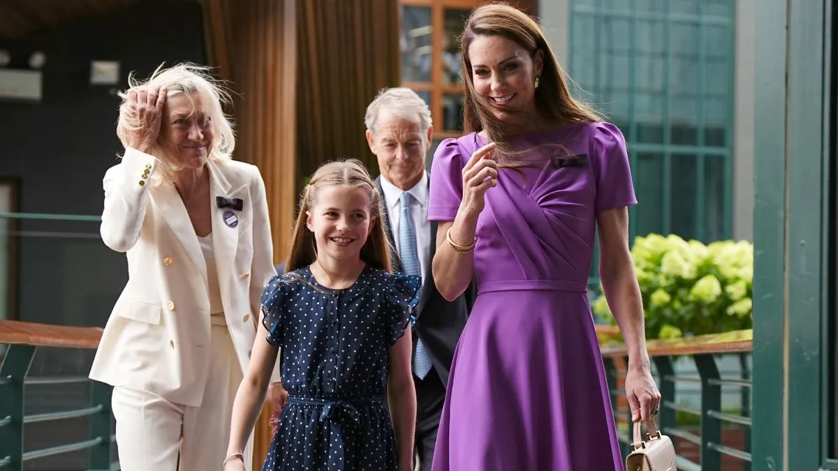 Britain's Catherine, Princess of Wales and Princess Charlotte on day fourteen of the 2024 Wimbledon Championships at the All England Lawn Tennis and Croquet Club, London