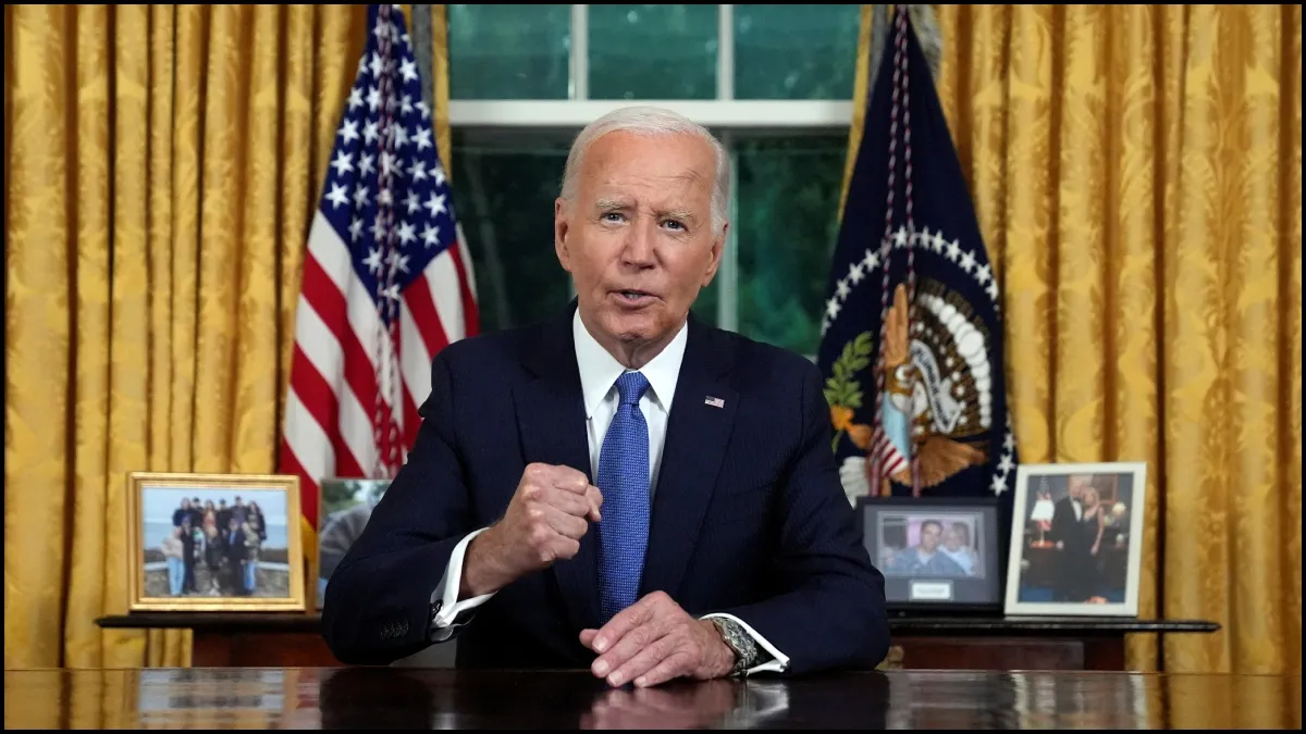 US President Joe Biden addresses the nation from the Oval Office of the White House.