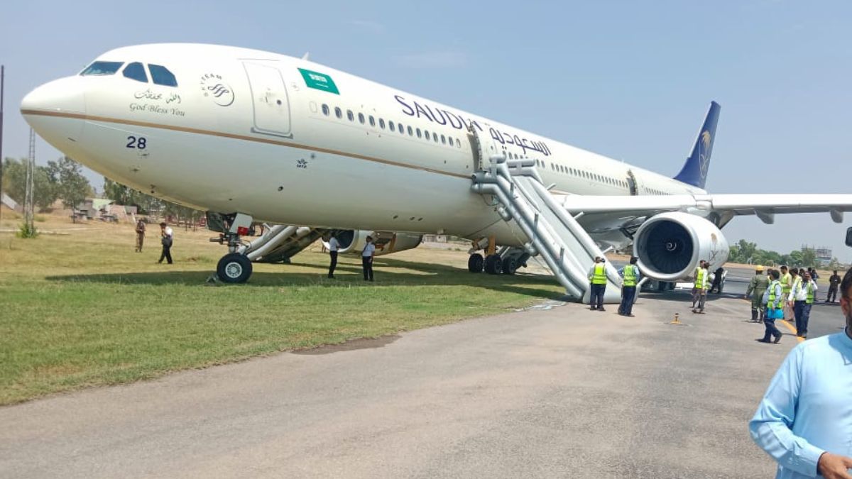 Saudi Airlines flight's tyre catches fire during landing at Peshawar airport, all passengers evacuated | VIDEO