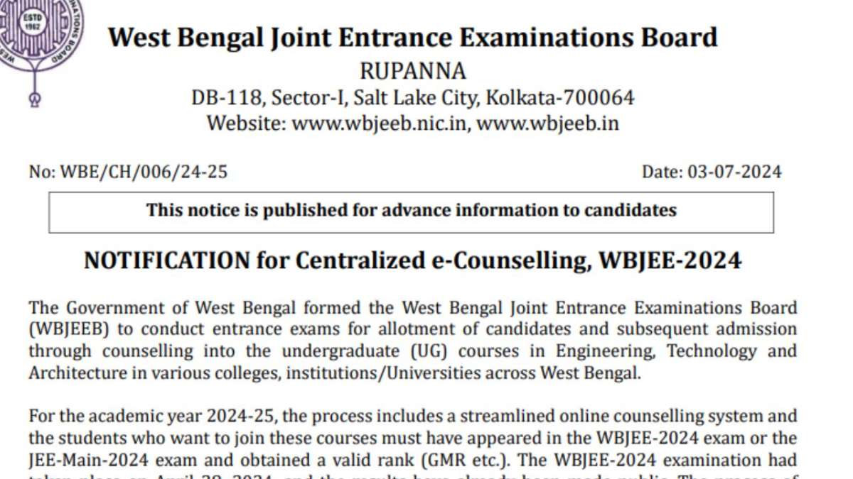 WBJEE Counselling 2024: Notification Released at wbjeeb.nic.in - Eligibility, registration fee