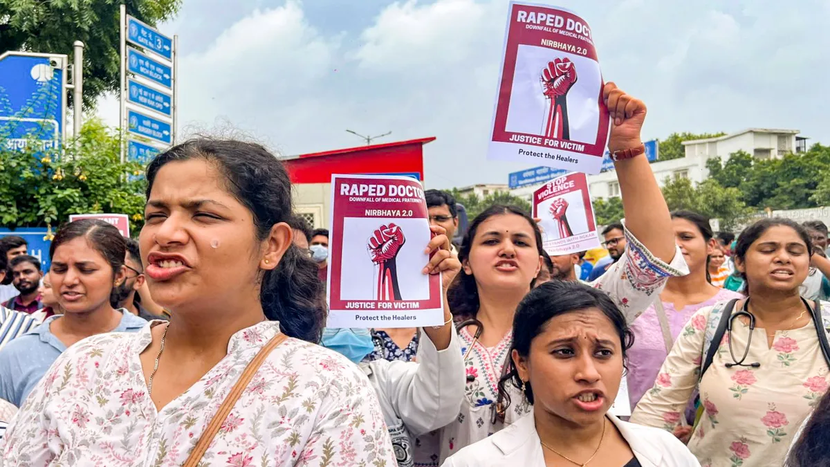 Doctors protest against sexual assault and killing of postgraduate trainee doctor in Kolkata, near AIIMS in New Delhi