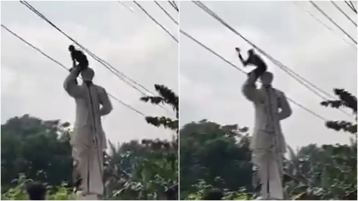 Angry protesters pummel statue the statue of Sheikh Mujibur Rahman in Dhaka. 