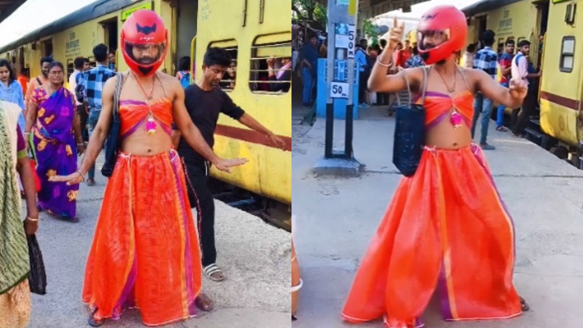 WATCH: Man in lehenga, helmet dances to Bhojpuri song at busy railway station, Internet reacts