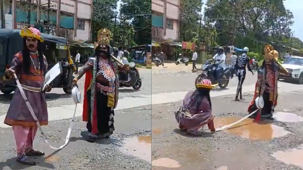 'Yamaraja' and 'Chitragupta' stage long jump competition in Udupi to highlight pothole problem | WATCH