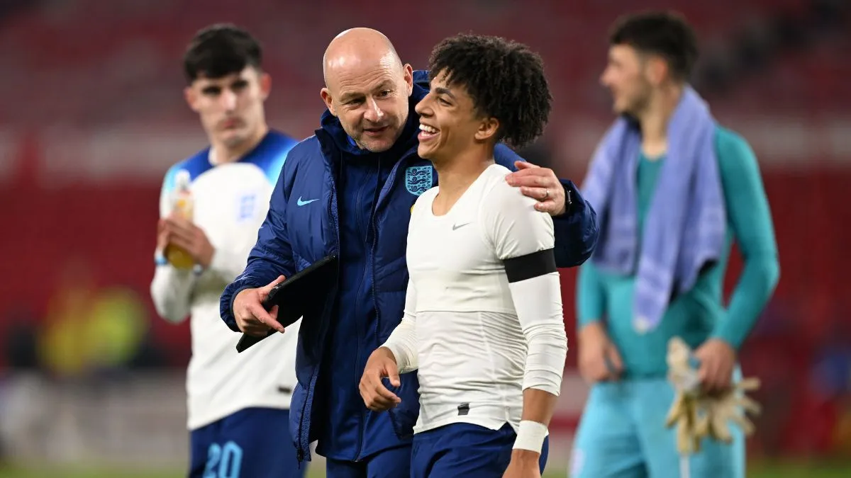 England manager Lee Carsley with Rico Lewis in Nottingham on August 29, 2024