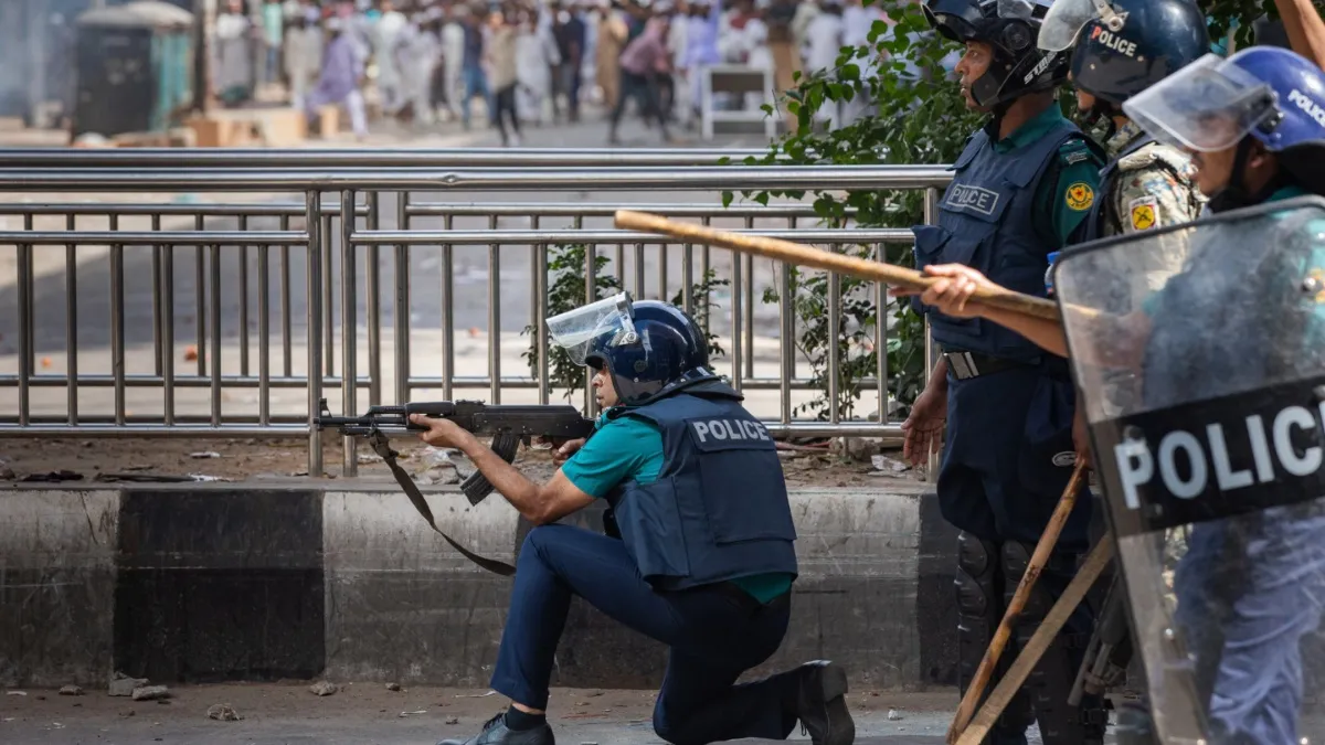 Police take position to disperse students protesting over the quota system in public service, in Dhaka, Bangladesh.