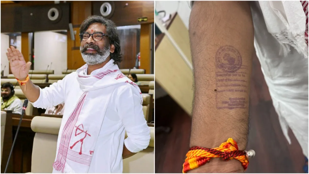Jharkhand Chief Minister Hemant Soren and his stamp on his hand.
