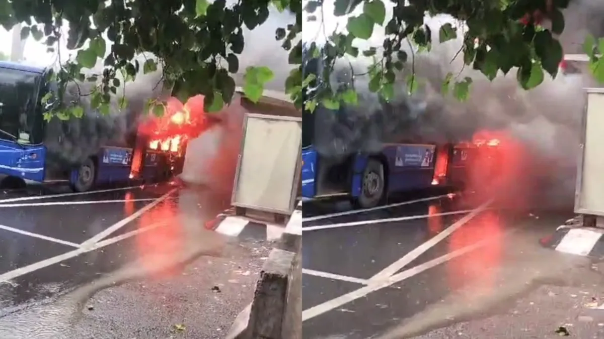 DTC bus catches fire in east Delhi's Jagatpuri.
