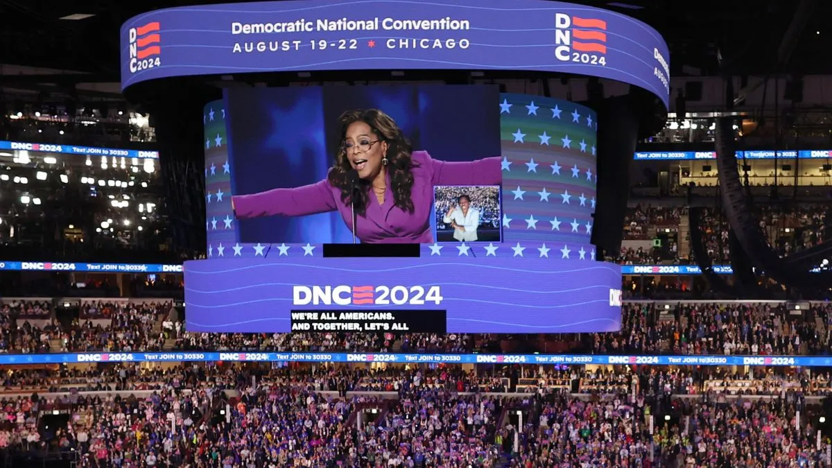 Oprah Winfrey takes the stage on Day 3 of the Democratic National Convention (DNC) at the United Center, in Chicago