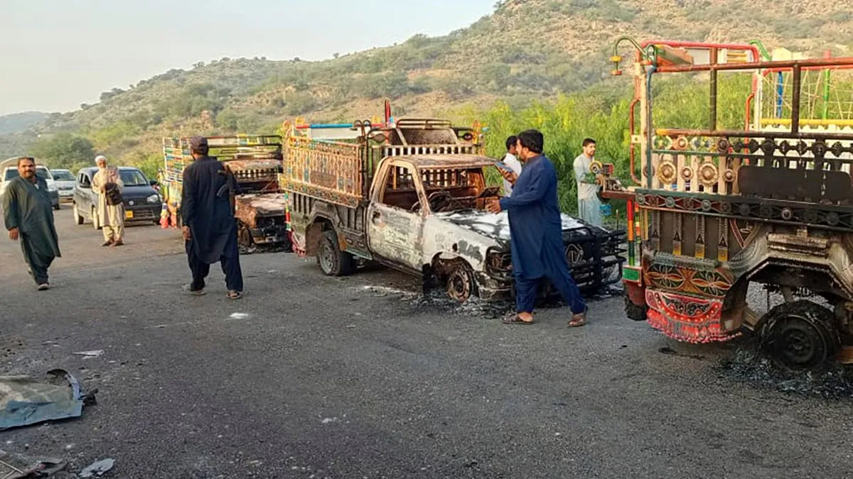Burnt vehicles torched by gunmen after killing passengers at a highway in Musakhail- a district in Balochistan province in southwestern Pakistan