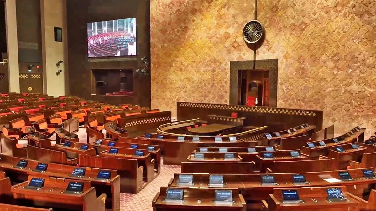 An inside view of the Rajya Sabha of the new Parliament building. 