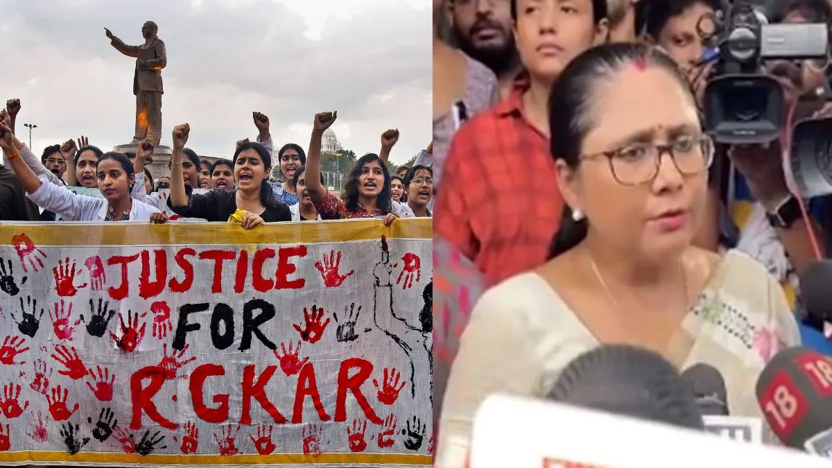 Protesters at the RG Kar Medical College (L), and Priciapl Suhrita Paul (R)