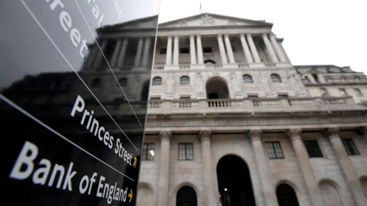 The Bank of England (BoE) building is reflected in a sign, in London, Britain.
