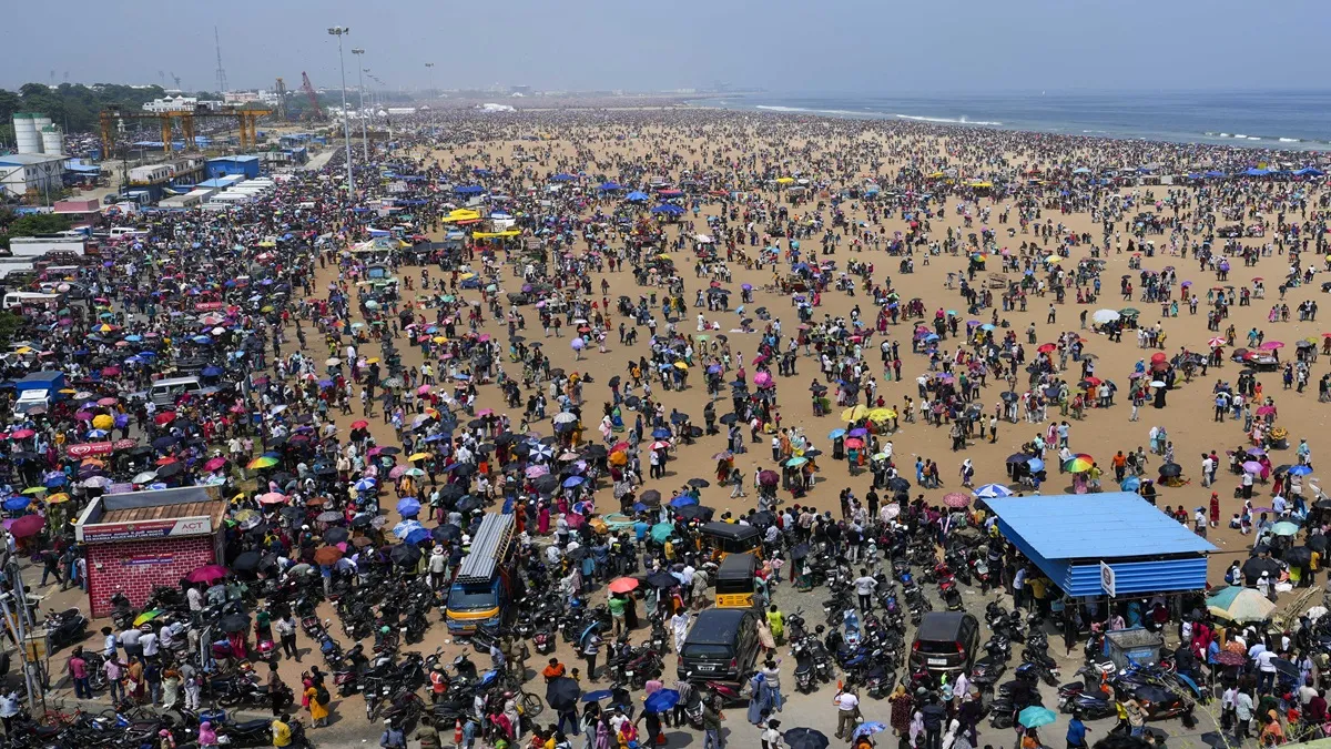People leave after witnessing the Indian Air Forces air show as part of the 92nd anniversary celebrations of IAF at Marina Beach in Chennai.