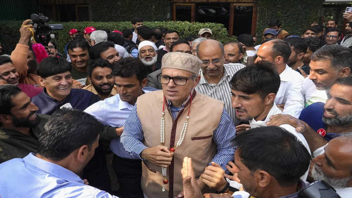 Jammu and Kashmir National Conference vice president Omar Abdullah was greeted by party workers at his residence. 