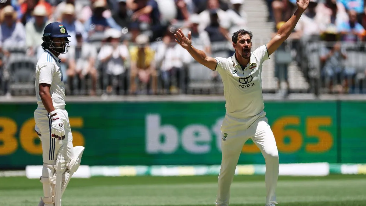 KL Rahul and Mitchell Starc at Optus Stadium in Perth on November 22, 2024