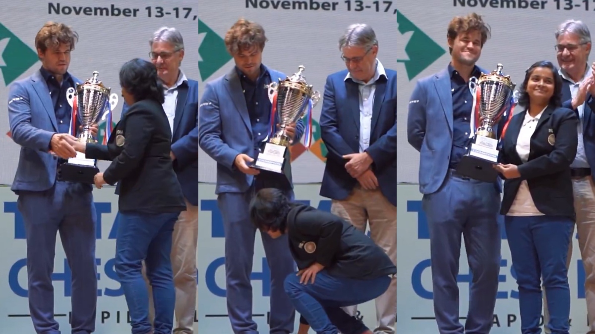 World No.1 Magnus Carlsen’s reaction after Indian player touches his feet during trophy presentation – India TV