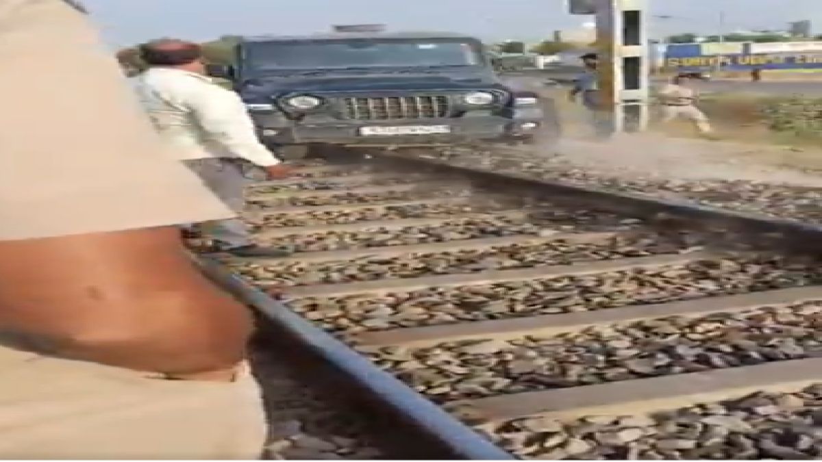 Video: Drunk man drives Mahindra Thar on railway track in Jaipur, train stopped on time