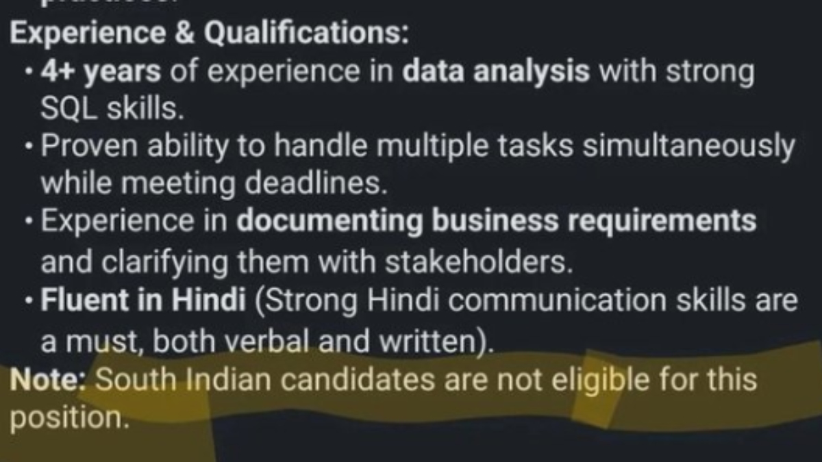 Job advertisement barring South Indians sparks outrage, exposes regional bias in hiring practices