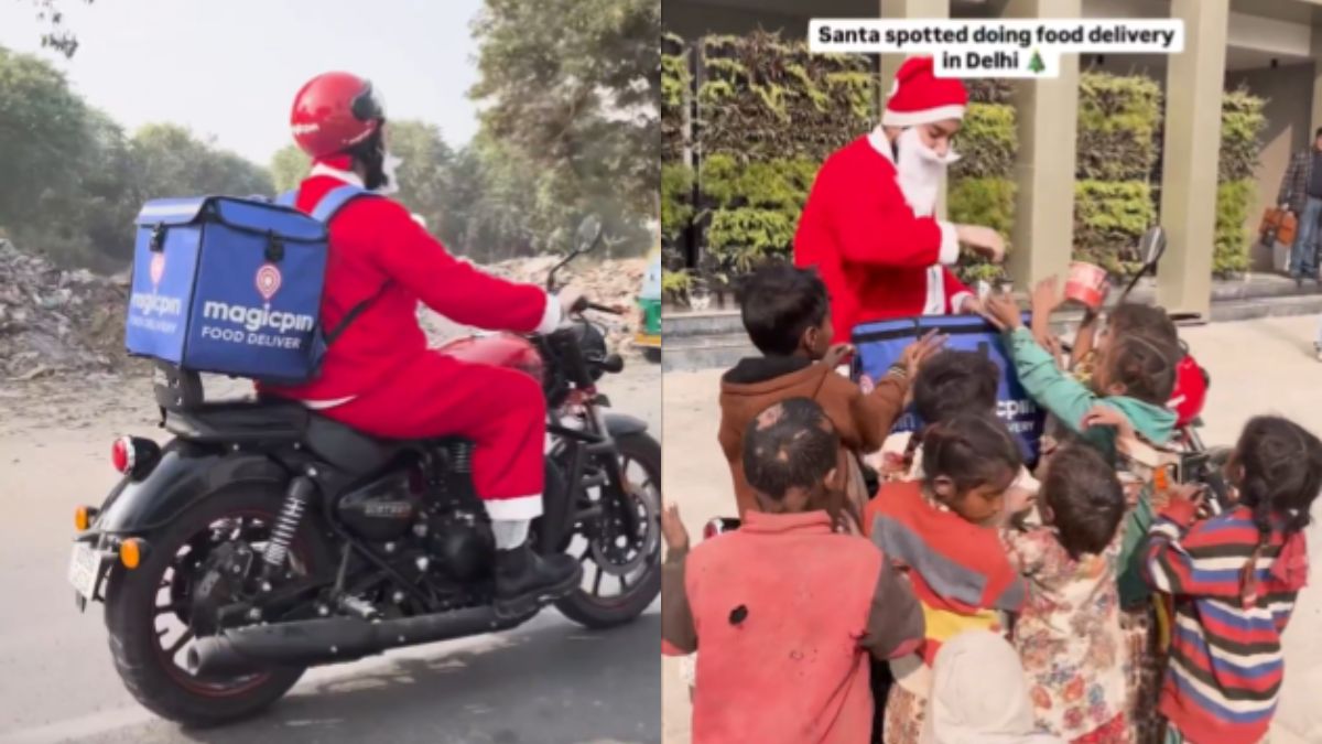 Delivery executive dressed as Santa offers food to underprivileged kids | Watch here