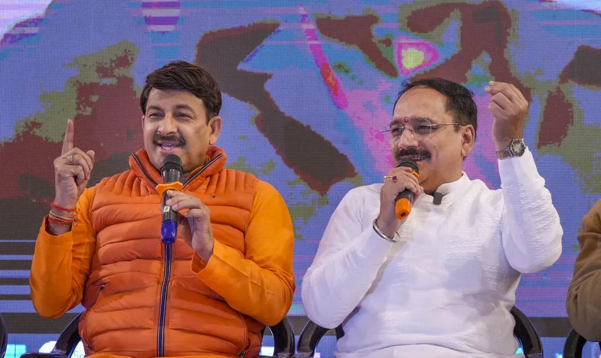 BJP MP Manoj Tiwari and the party’s Delhi President Virender Sachdeva during the launch of their campaign song for the upcoming Delhi Assembly elections in New Delhi.