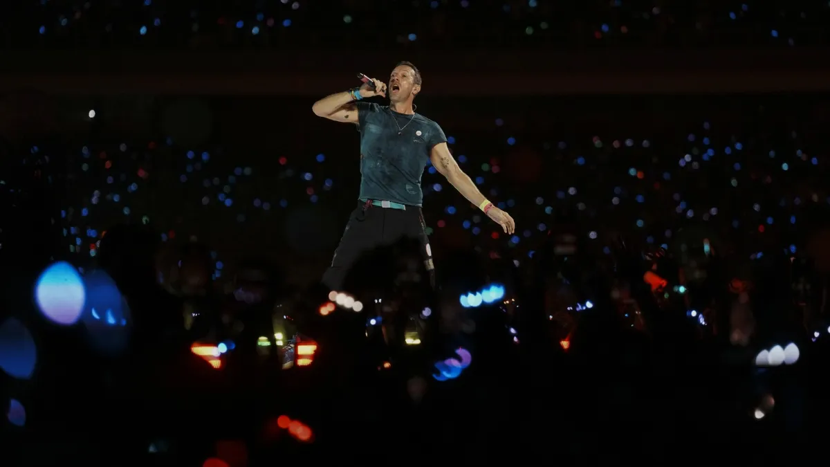 British band Coldplay’s Chris Martin performs during the band’s 'Music Of The Spheres World Tour' in Navi Mumbai,