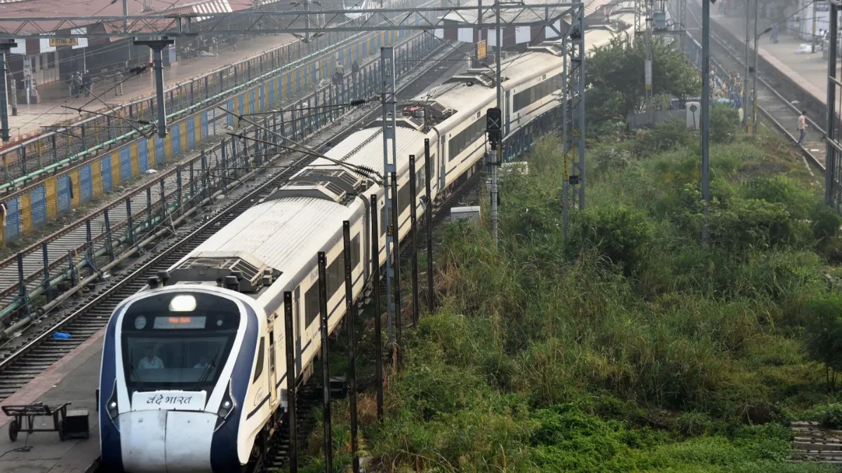 A Vande Bharat Express train leaves from a railway station in Patna.