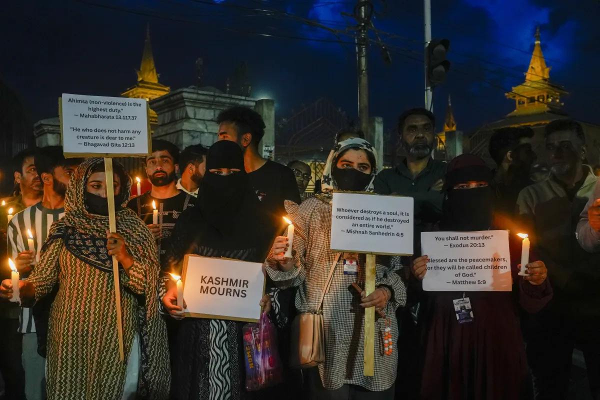 Locals protest against the deadly Pahalgam attack on tourists, at Lal Chowk in Srinagar, on Wednesday.