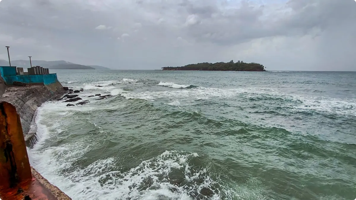 Strong waves crash at the sea shore in Port Blair.