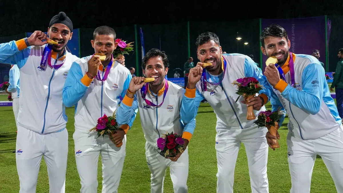 Indian men's cricket team after winning gold at Asian Games 2022.