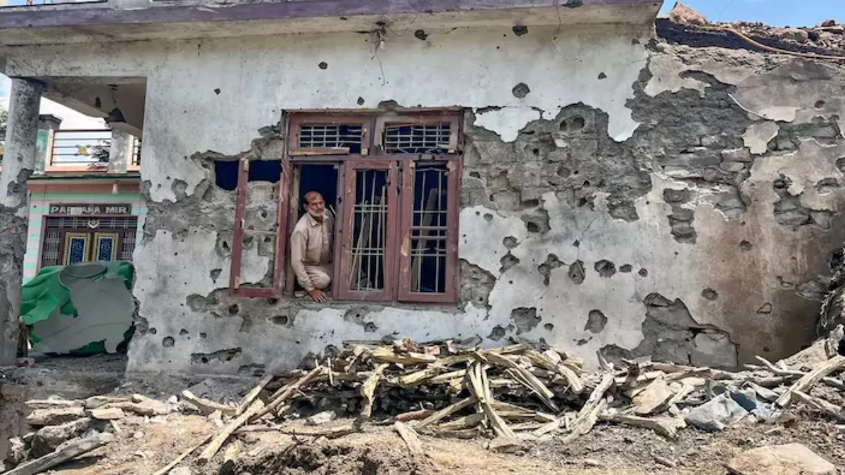 A damaged building after heavy firing and shelling by the Pakistan military across the Line of Control and the International Border.