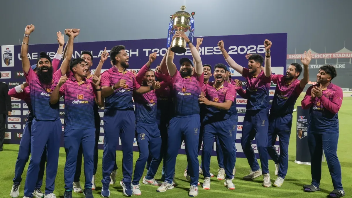 The UAE players celebrating their first-ever series win against Bangladesh in T20Is