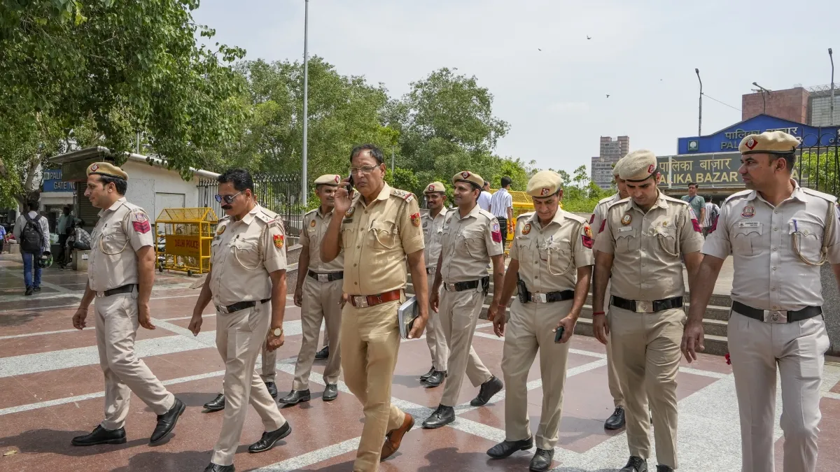 Delhi Police personnel deployed at Connaught Place, a day before the nationwide mock drills 
