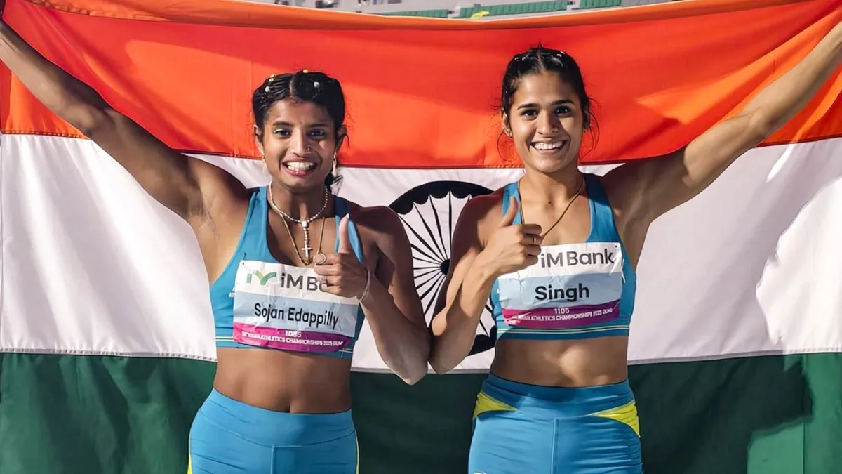 Ancy Sojan and Shaili Singh celebrate their Silver and Bronze medals respectively in at the 26th Asian Athletics Championships.