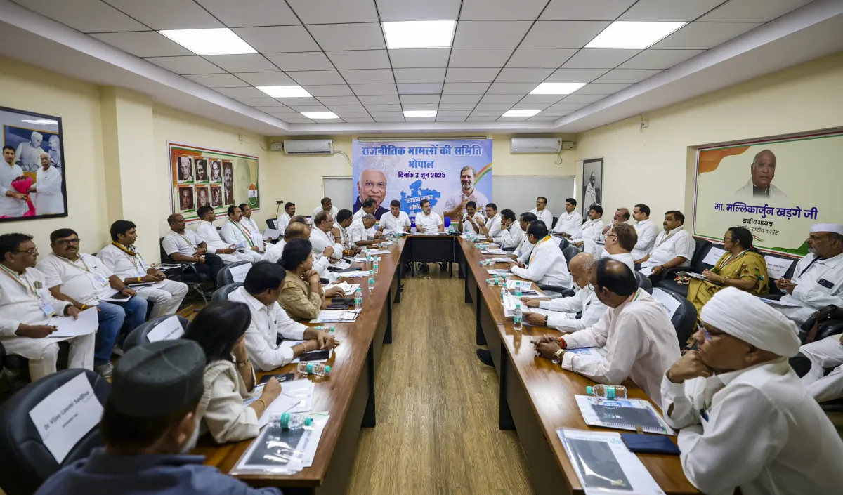 Leader of the Opposition and Congress MP Rahul Gandhi attends the meeting of the Political Affairs Committee at Indira Bhawan in Bhopal.