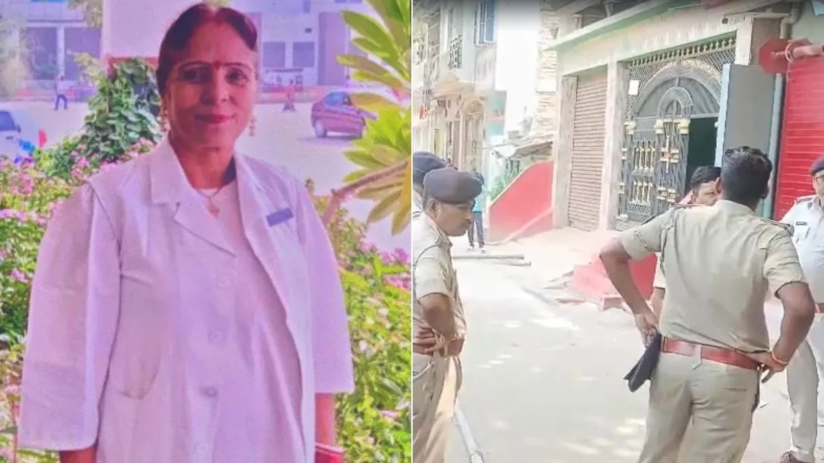 The image shows retired nurse Mahalaxmi and police personnel at the crime spot in Patna. 