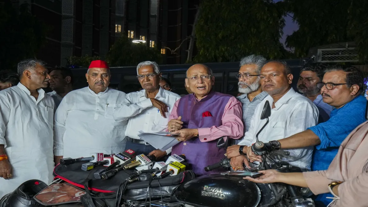 Congress MP Abhishek Manu Singhvi with Bihar party President Rajesh Ram, CPI (ML) Liberation General Secretary Dipankar Bhattacharya, RJD leader Manoj Jha and other INDIA bloc leaders addresses the media after meeting the Election Commission, outside Nirvachan Sadan in New Delhi.