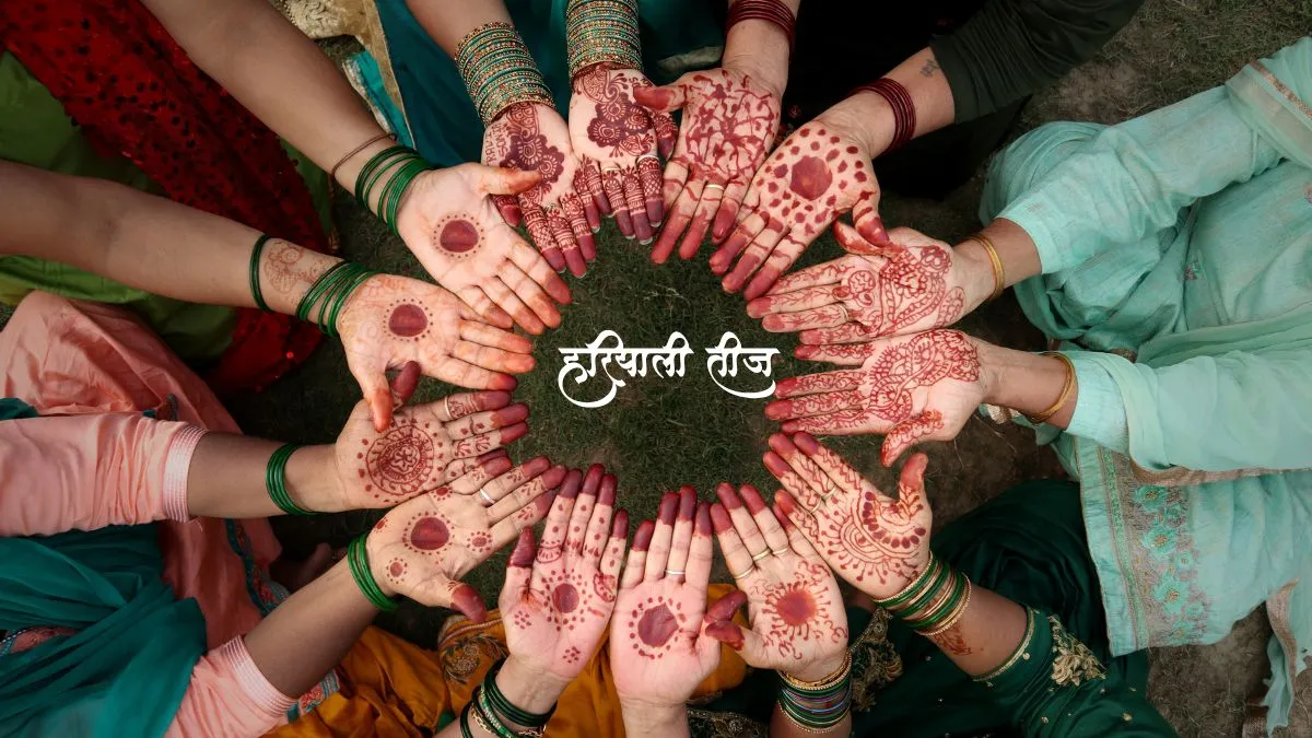 Women showcase their mehendi in a circle during the vibrant celebration of Hariyali Teej