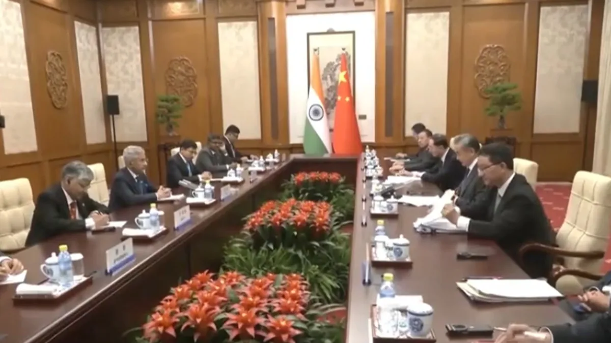 External Affairs Minister S Jaishankar in talks with China’s Foreign Minister Wang Yi in Beijing on Monday.