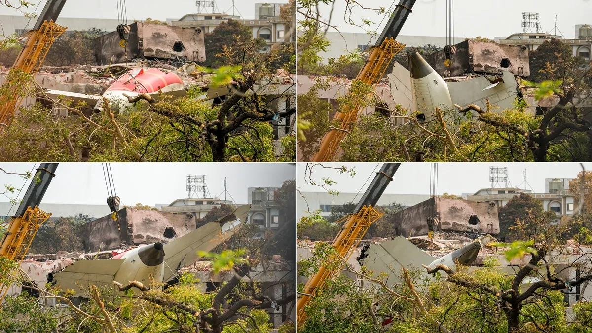 This image shows wreckage of the crashed Air India plane being lifted by a crane in Ahmedabad on June 12. 