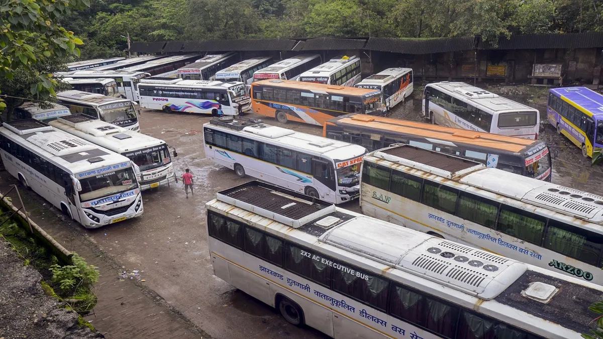 Buses parked at a depot during a 24-hour nationwide general strike called by trade unions to protest against the central government's alleged anti-labour policies in Ranchi.