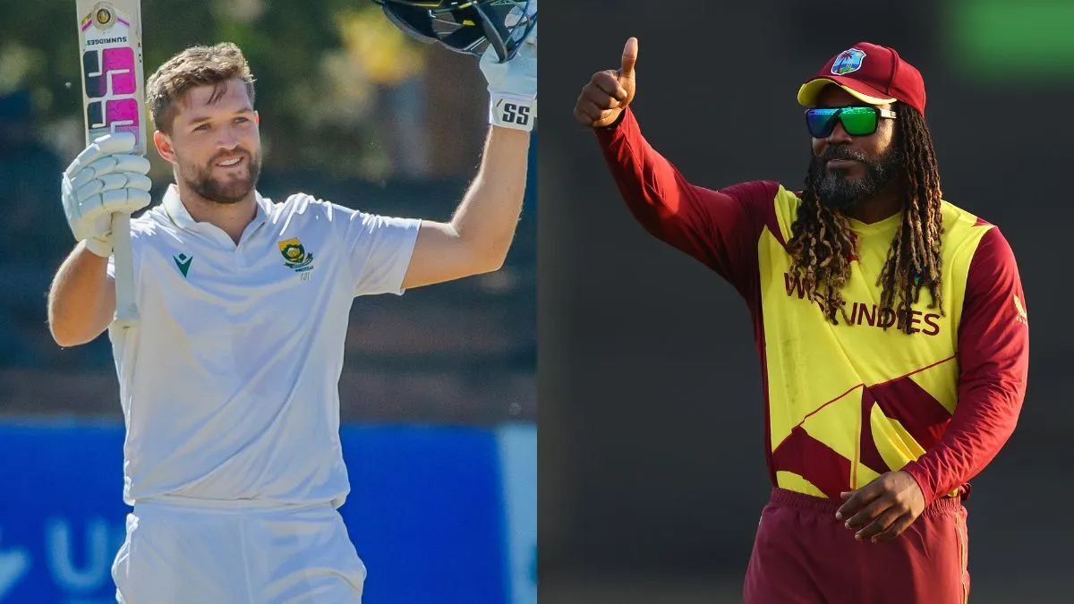 Wiaan Mulder (L), who scored an unbeaten 367 against Zimbabwe and Chris Gayle (R)