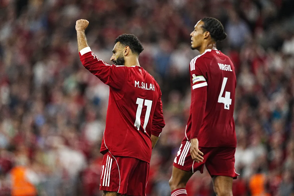 Mohamed Salah celebrating his goal with Virgil van Dijk