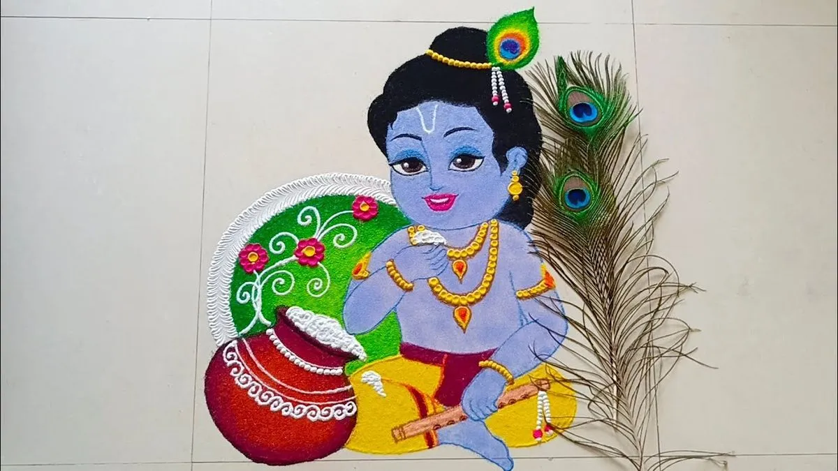 Vibrant Bal Krishna rangoli for Janmashtami 2025 celebrations, adding charm to festive decor.