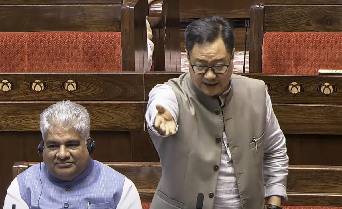 Union Parliamentary Affairs Minister Kiren Rijiju speaks in Parliament.